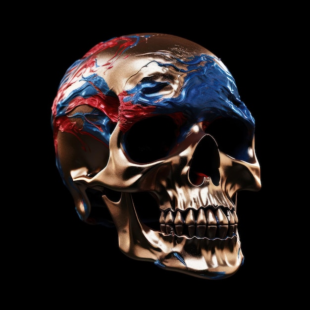 Een schedel met rode en blauwe verf erop
