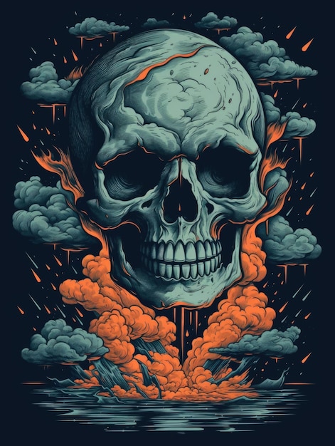 Een schedel met rook en vuur