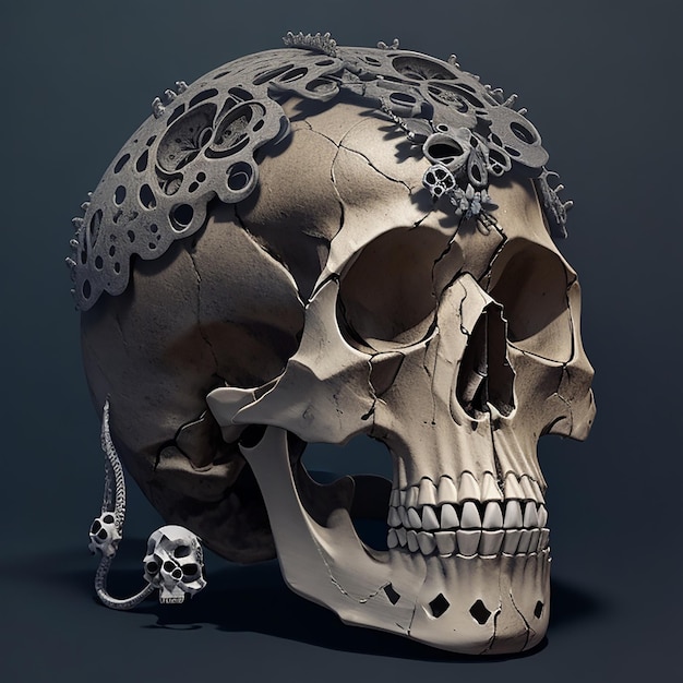 Een schedel met veel verschillende delen op, gegenereerd door AI.