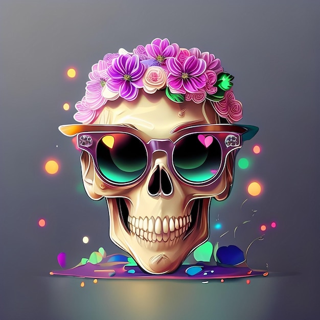Een schedel met zonnebril en bloemen erop en een bloem erop.