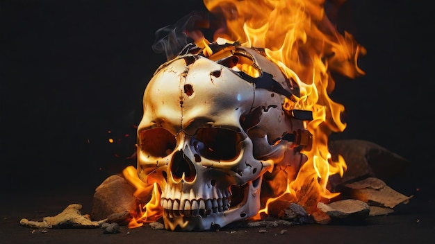 Een schedel staat voor een vuur met het woord vuur erop.