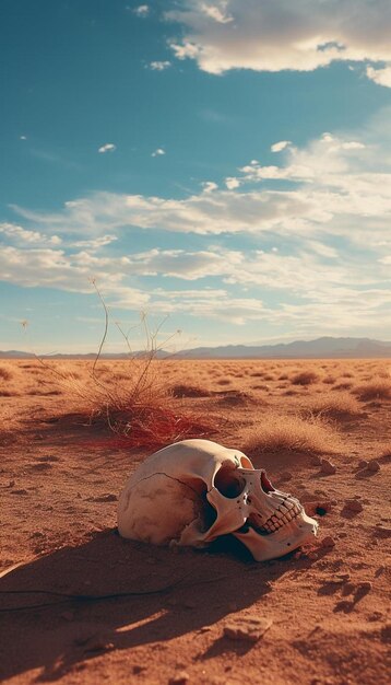 Een schedel zit in de woestijn met de bergen op de achtergrond.