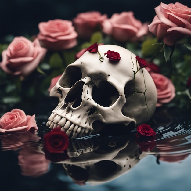 Foto een schedel zit in het water met een prachtig rozenbloem behang.