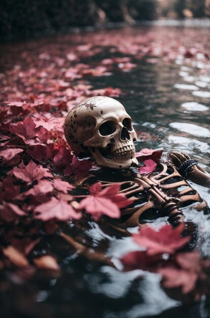 een schedel zit in het water met rode bladeren.