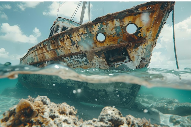 Een scheepswrak wordt in de oceaan gezien met veel puin en vissen die eromheen zwemmen.