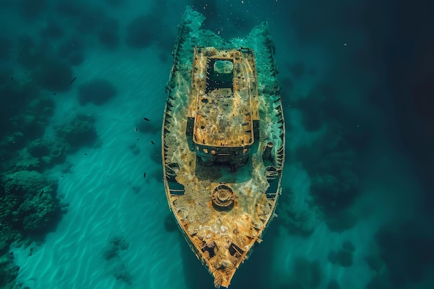 Een scheepswrak wordt in de oceaan gezien met veel puin en vissen die eromheen zwemmen.