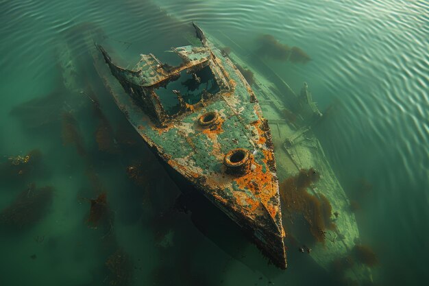 Een scheepswrak wordt in de oceaan gezien met veel puin en vissen die eromheen zwemmen.