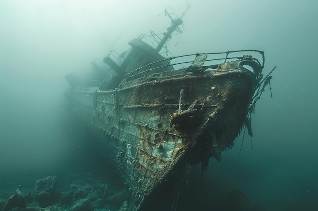 Een scheepswrak wordt in de oceaan gezien met veel puin en vissen die eromheen zwemmen.