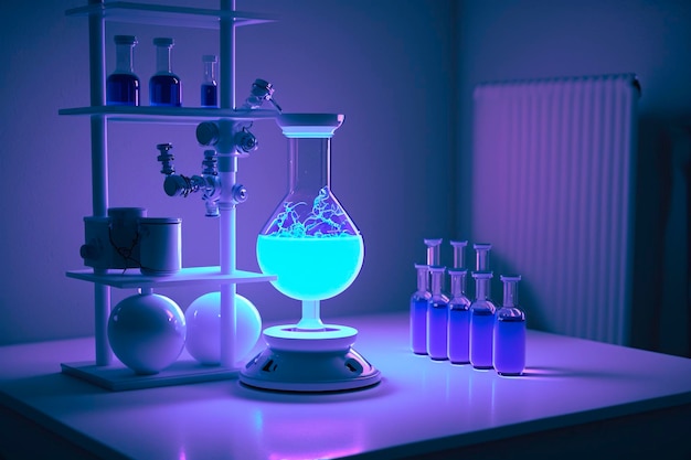 Een scheikundelab met een blauw licht op tafel en een fles vloeistof.
