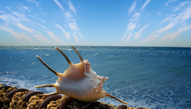 Een schelphoorn op een strand met de lucht op de achtergrond