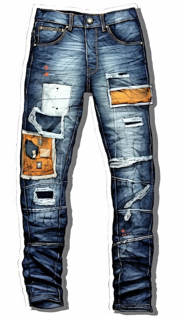 Een schematische illustratie van een paar gepatchte denim skinny tapered men's jeans