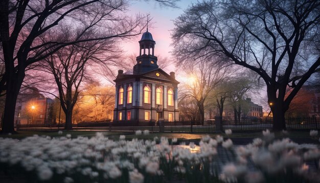 Een schemering fotoshoot van een historisch gebouw omringd door voorjaarsbloemen