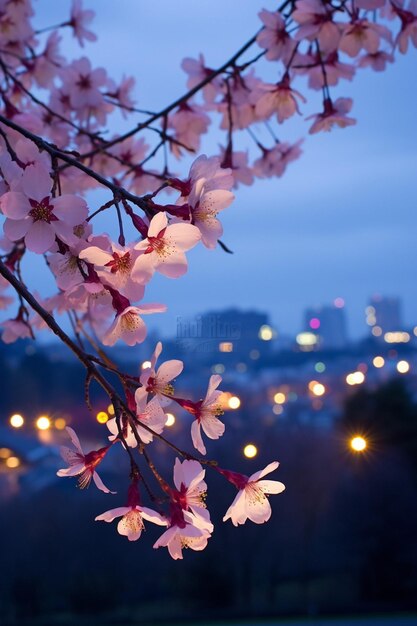 Een schemering fotoshoot van kersenbloesems met stadsverlichting op de verre achtergrond