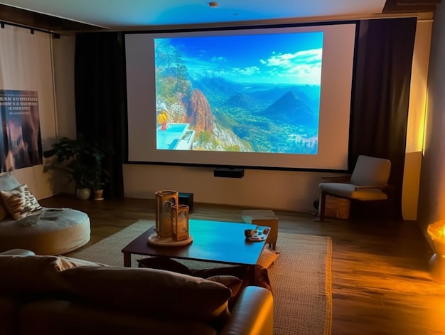 Een scherm in een woonkamer met uitzicht op de bergen