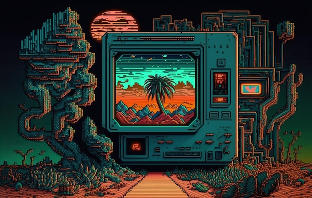 Een scherm in pixelart-stijl met een palmboom op het scherm.