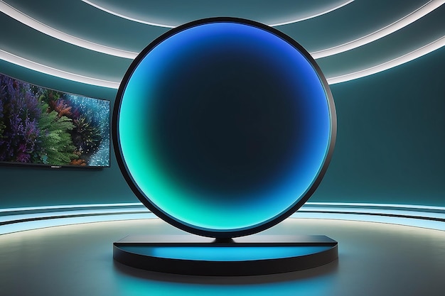 Een scherm van een tv met een blauwe en groene cirkel aan de onderkant