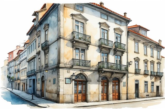 Foto een schets met waterverf of een illustratie traditionele europese architectuur de hoek van een typisch gebouw in porto in portugal