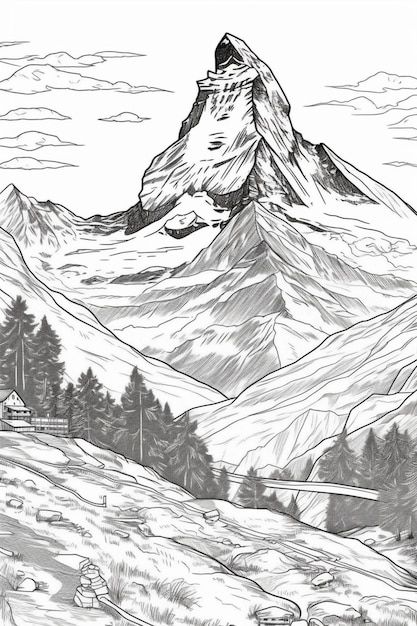 Een schets van een berg met een huis op de achtergrond.