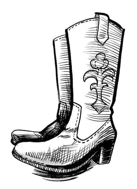 Een schets van een cowboylaars met het woord western erop.