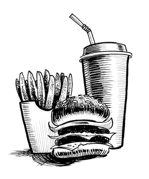 Een schets van een hamburger en frietjes