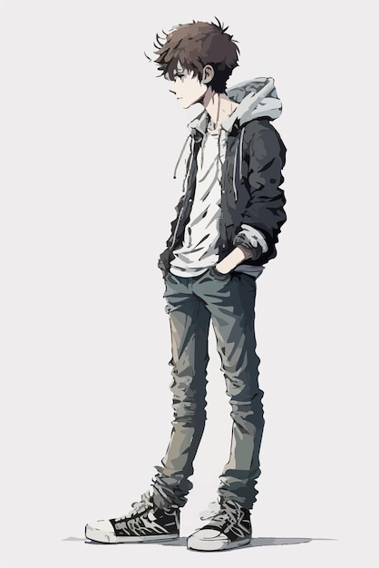 Een schets van een jonge man met een hoodie en een jas.