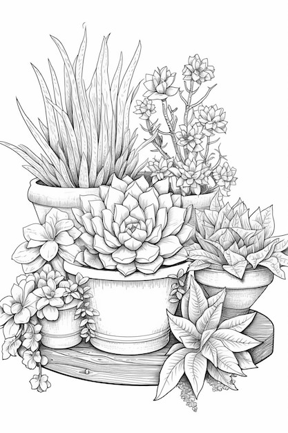 Een schets van een plantenbak met vetplanten en andere planten.