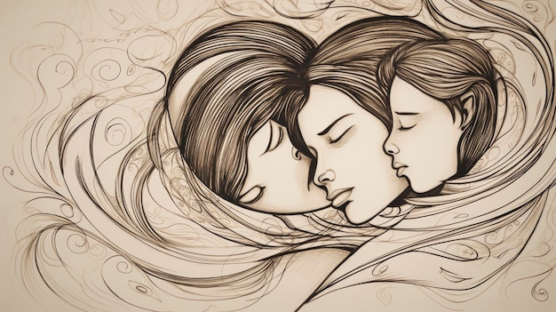 Een schets van twee vrouwen die elkaar omhelzen.