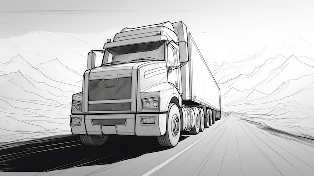 een schetsmatige stijlillustratie van een semi-vrachtwagen, met hyperrealistische omgevingen met contrastrijke tinten in grijs en amber. deze 32k uhd-afbeelding toont een komische cartoonsfeer, met precisie l