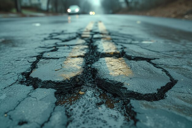 Een scheur in de weg en een auto die op asfalt rijdt