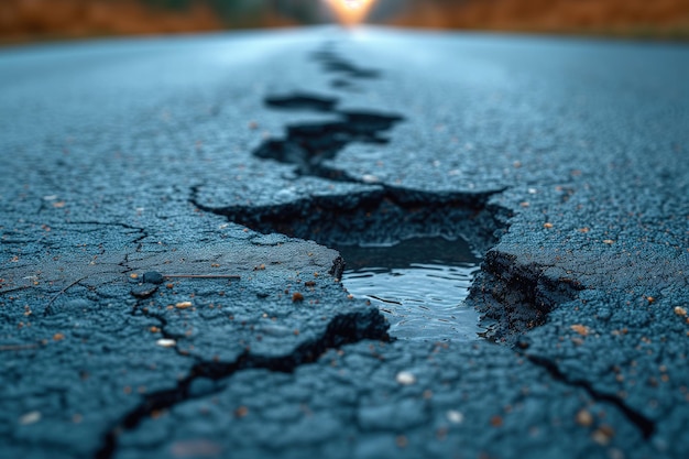 Foto een scheur in de weg en een auto die op asfalt rijdt