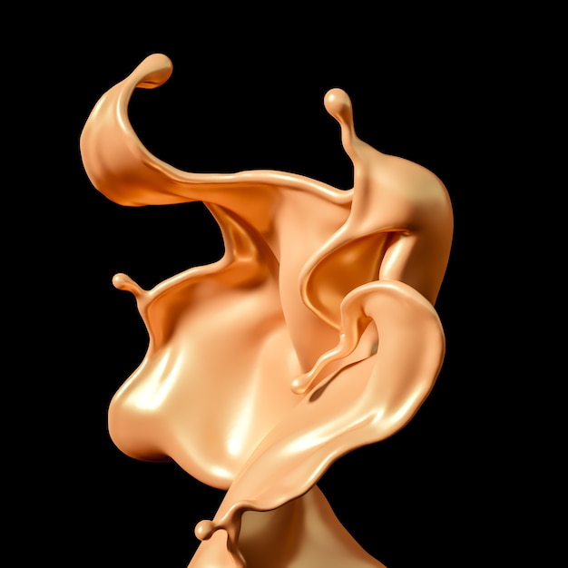 Een scheutje gouden karamel op een zwarte achtergrond. 3D illustratie, 3D-rendering.