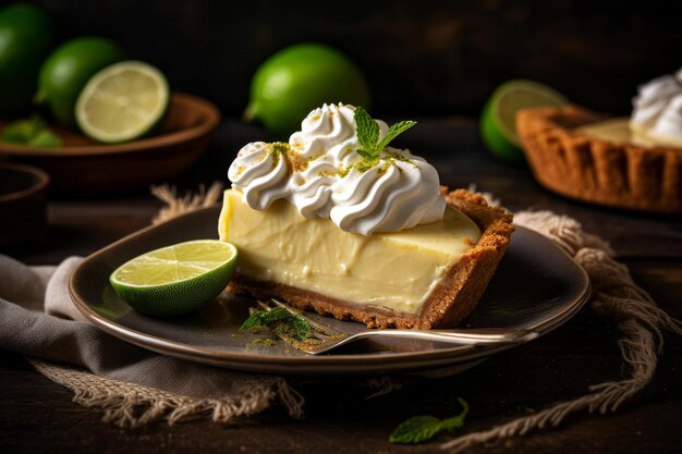 Een schijfje key lime pie met slagroom erop