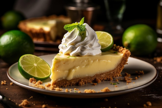 Een schijfje key lime pie met slagroom erop.