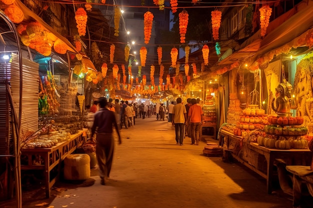 Foto een schilderachtig beeld van een marktplaats vol verkopers die traditionele diwali-versieringen en snoep verkopen