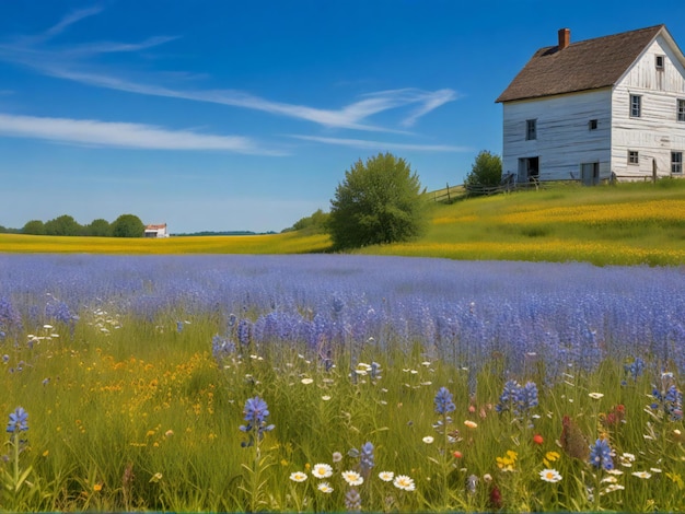 Een schilderachtig beeld van een veld vol kleurrijke wilde bloemen met een charmant boerderij in de