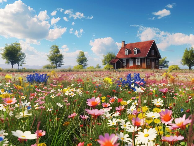 Foto een schilderachtig beeld van een veld vol kleurrijke wilde bloemen met een charmante boerderij in de verte en een heldere blauwe lucht boven