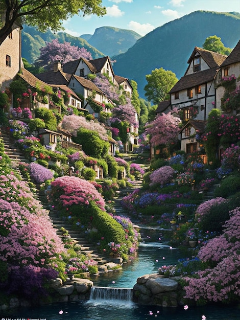 een schilderachtig en pittoresk dorp ontvouwt zich versierd met een levendige