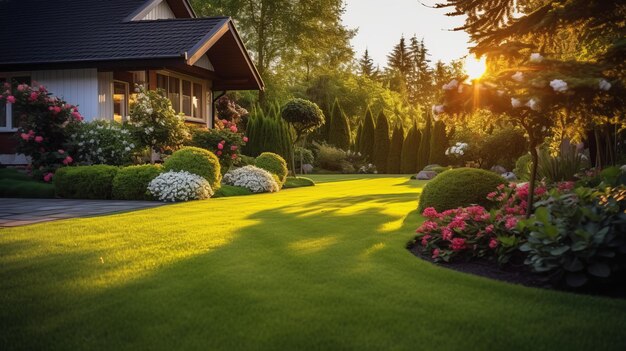 Foto een schilderachtig gazon versierd met levendige bloemen en een charmant huis op de achtergrond generatieve ai