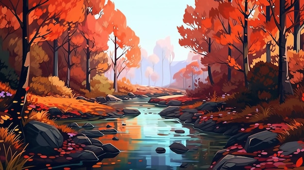 Een schilderachtig herfstbos met kleurrijke bladeren en een vredige stroom Fantasieconcept Illustratie schilderij Generatieve AI