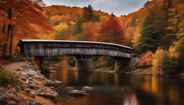 Een schilderachtig herfstlandschap in New England met vurig gebladerte een overdekte brug en een kronkelende rivier