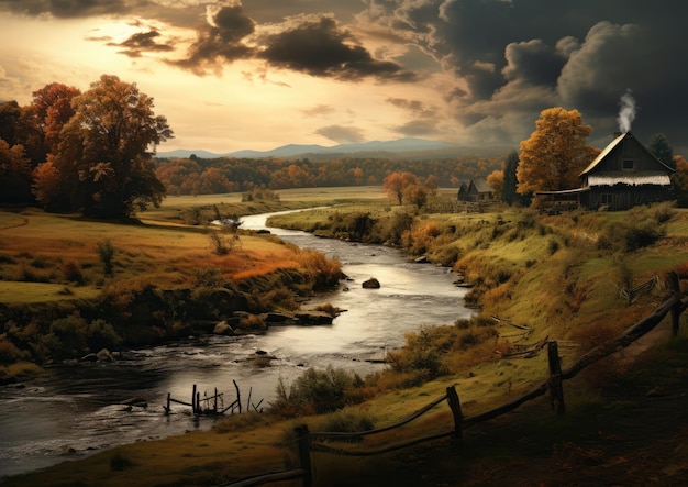 Een schilderachtig herfstlandschap met een kronkelende rivier