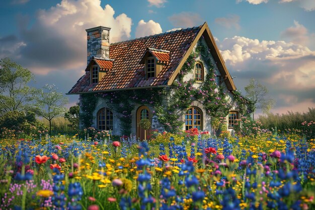Foto een schilderachtig huisje omringd door levendige wilde bloemen.