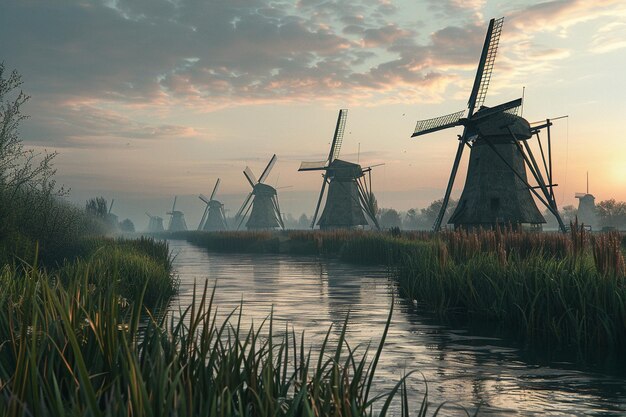 Een schilderachtig landschap bezaaid met windmolens oc