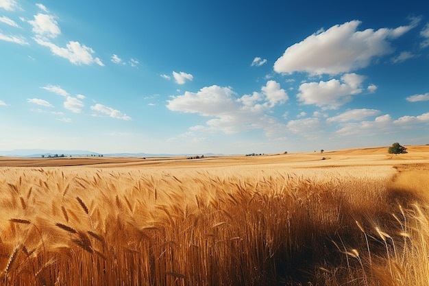 Een schilderachtig landschap met gouden velden onder een blauwe hemel.