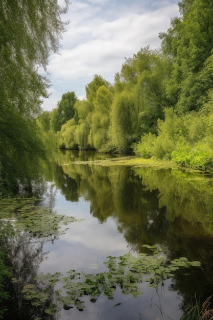 Een schilderachtig meer omringd door weelderige groene bomen en struiken gecreëerd met generatieve AI