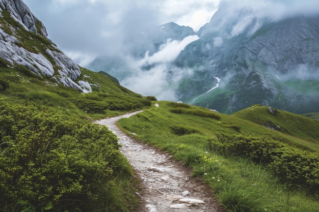 Een schilderachtig pad dat door een grasland loopt met majestueuze bergen in de verte Een ruig bergweg dat leidt naar een verborgen vallei