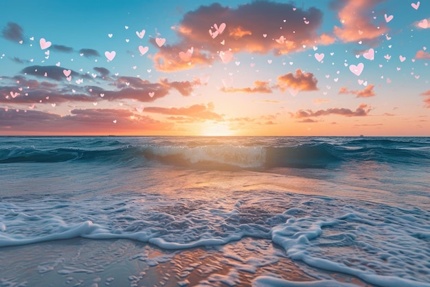 Een schilderachtig strand met botsende golven en een magisch gezicht van drijvende harten tegen de achtergrond van blauwe lucht en zandstrand Een serene strand bij zonsondergang met harten in de lucht AI gegenereerd