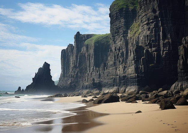 Een schilderachtig strand met torenhoge kliffen en rotsformaties