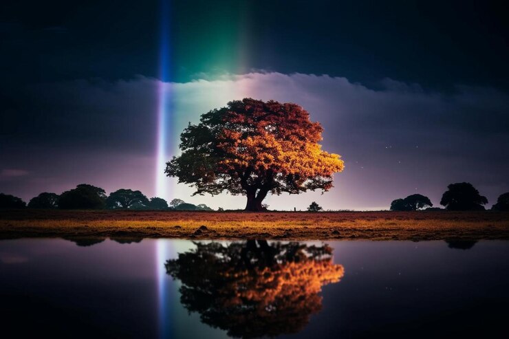 Foto een schilderachtig uitzicht op de regenboog tegen de nachtelijke hemel
