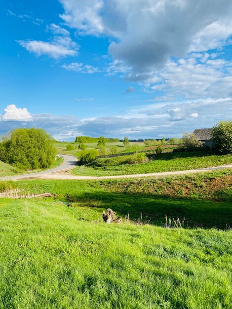 Foto een schilderachtig uitzicht op een grasveld tegen de lucht